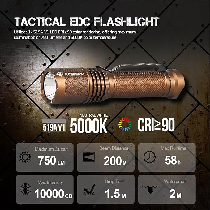 ACEBEAM TAC AA Tactical EDC Flashlight, 750 High Lumens Flashlight Rechargeable, 200 Meters Long Throw Pocket LED Flashlight, Super Bright Small Mini Flashlight, 519A-V1 LED 90+ High CRI Flash Light