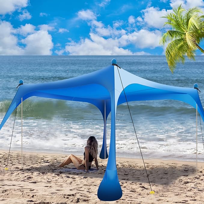 Buheco Beach Tent Pop Up Shade 7x7.5ft Beach Canopy Sun Shelter UPF50+ with 4 Foldable Poles-Portable Carrying Bag-Sand Shovel-Ground Pegs-Windproof Ropes for Outdoor Family Camping-Fishing-Picnic