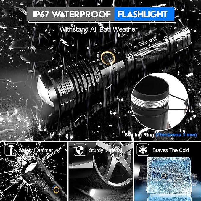 Flashlights LED High Lumens Rechargeable, Goreit 950000 Lumens XHP70.2 Super Bright Flashlight, Flash Light Battery Powered, Powerful Handheld Flashlight with holster for Emergency Camping Hiking Gift