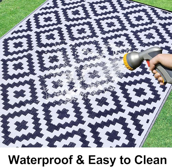 Smiry Waterproof Outdoor Rug 8x10 ft, Reversible Plastic Straw Patio Camping Rugs, Outdoor Indoor RV Mat Carpet for Patio, Outside Entry, Backyard, Deck, Bench, Picnic, Camper, White & Navy