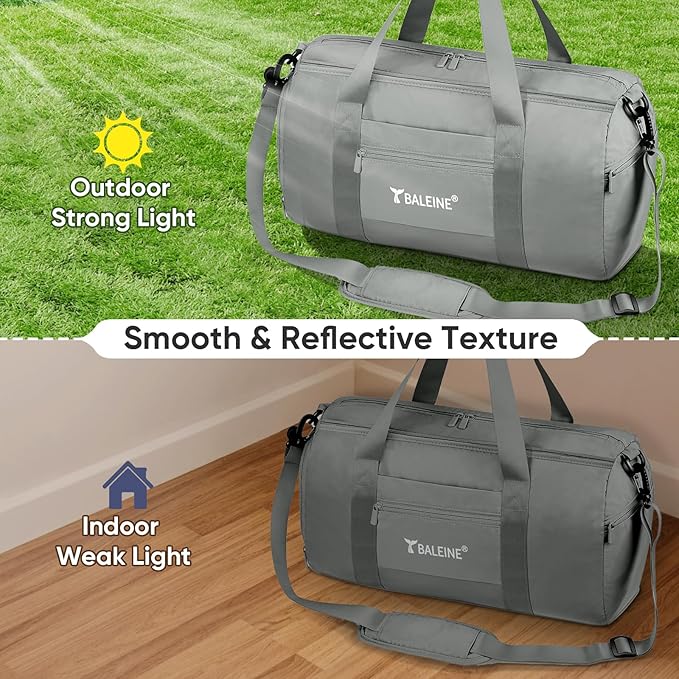 BALEINE Gym Bag for Women and Men, Duffel Bag for Sports, Gyms and Weekend Getaway, Waterproof Dufflebag with Shoe and Wet Clothes Compartments, Lightweight Carryon Gymbag (Silver)