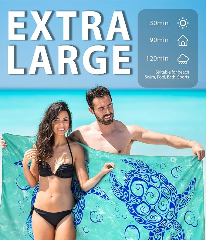 Microfiber Beach Towel – Turtle Bubbles Quick Dry Lightweight Sand Free Oversized Large Towel Travel Must Have Swim Pool Yoga Camping Gear Summer Essentials Packable Sandproof Item Gift 71" 32"