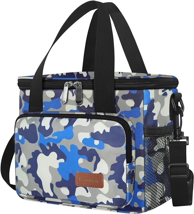 Femuar Lunch Bags for Women/Men, Insulated Lunch Bag for Work Office - Lunch Cooler Bag Leakproof Lunch Box with Adjustable Shoulder Strap - Blue Camouflage