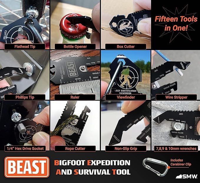 BEAST & BRUTE Combo Pack - Multi-Tool & Bottle Opener, Bigfoot gift for fans of Sasquatch, Yeti, Camping, Hiking - With Screwdriver, Wrench, Carabiner, Box Opener, 1/4" Drive