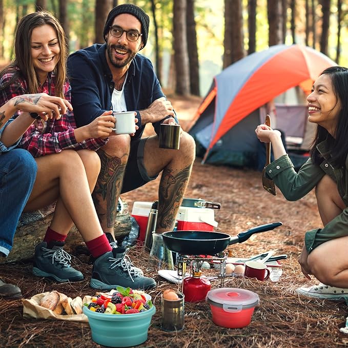 Suclain 4 Pcs Camping Bowl with Lid Collapsible Silicone Bowl Lunch Box Salad Bowl Expandable Food Storage Container Set Folding Travel Bowl for Hiking Heat (Red, Pink, Blue, Green,17, 12, 41, 27 oz)