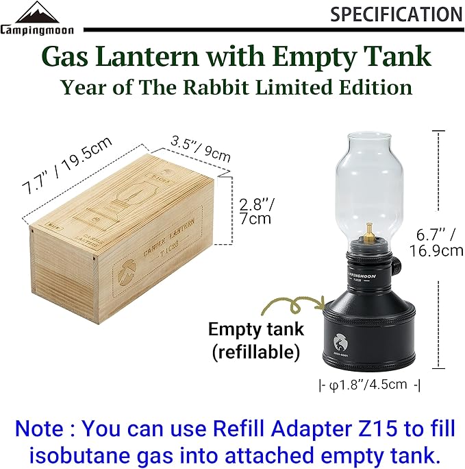 CAMPINGMOON Camping Gas Lantern Candle with Empty Tank Wooden Lantern Case Year of The Rabbit Limited Edition T-1C28