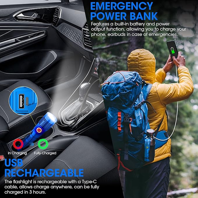Rechargeable Flashlight High Lumens, 12000 High Lumens Super Bright Flash Light, 1500 Meter Long-Range Zoomable LED Flashlights for Emergency, EDC, Searching, Waterproof Flashlight Dimmable Blue Pcs