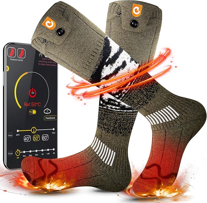 Heated Socks for Men Women - OIGOGOI 5000mAh Rechargeable Electric Heated Socks Foot Warmers 3 Heating Settings with APP Remote Control for Skiing Hiking Camping Running Fishing
