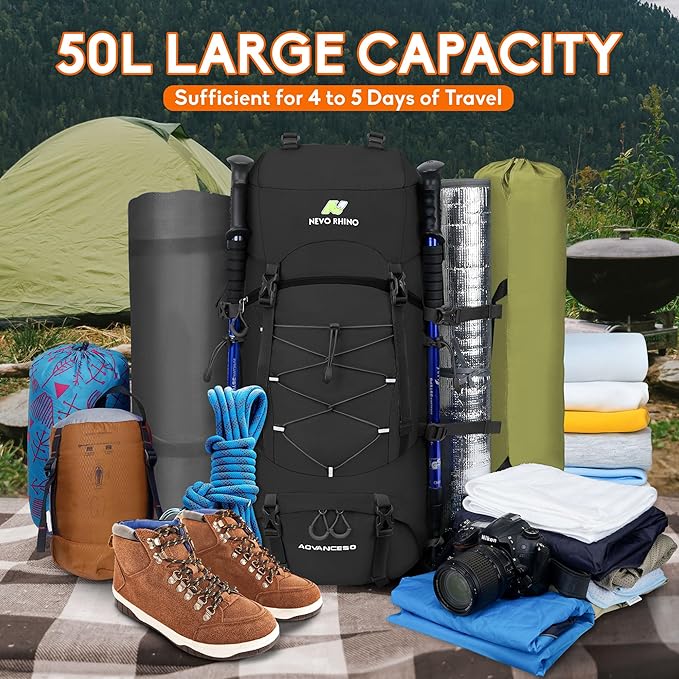 N NEVO RHINO Waterproof Hiking Backpack 50L/60L, Camping Backpack with Rain Cover, Hiking Travel Mountaineering Backpack