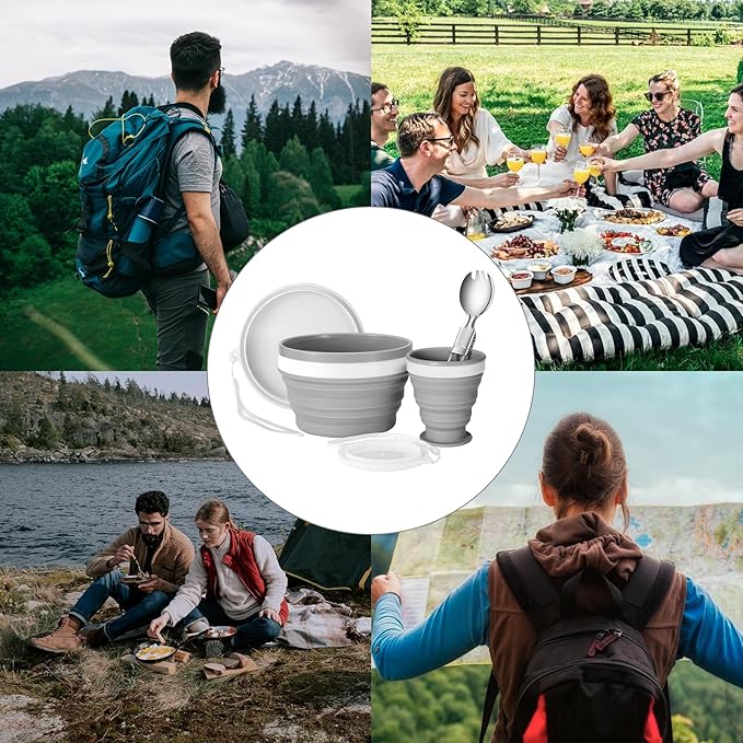 Odoland Mess Kit for Camping 1 Person with Silicone Collapsible Bowl Collapsible Cup & Stainless Steel Spoon for Backpacking Outdoor Camping Hiking and Picnic