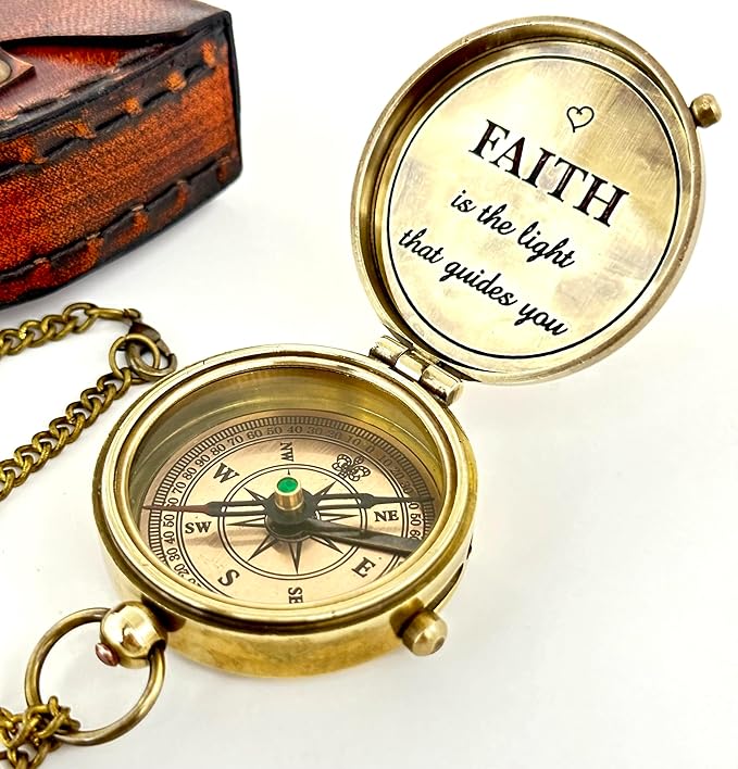 Faith Compass – Inspirational Gift for Men & Boys | Christian Baptism, Communion, Confirmation, or Graduation Present | “Faith is The Light That Guides You” Engraved | Leather Box