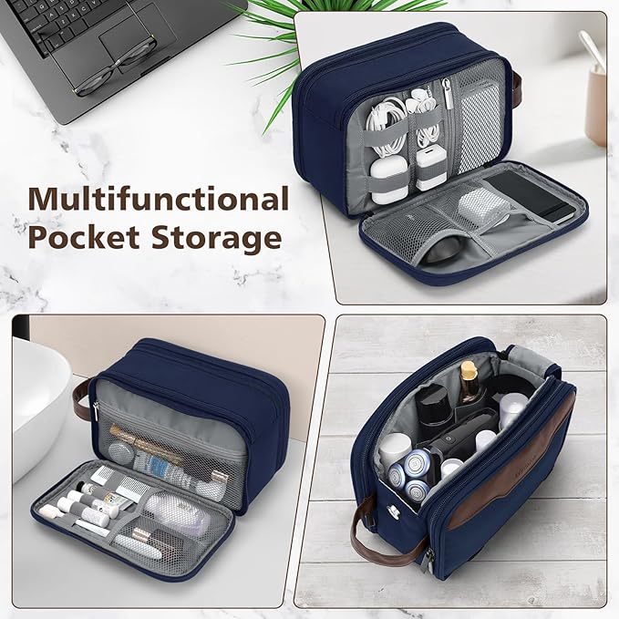 Wedama Toiletry Bag for Men, Medium Hanging Travel Toiletry Bag, Extra Electronic Organizer Bag Waterproof Shaving Bag for Toiletries with PU Handle for Travel Business Trips Swim Camping, Blue