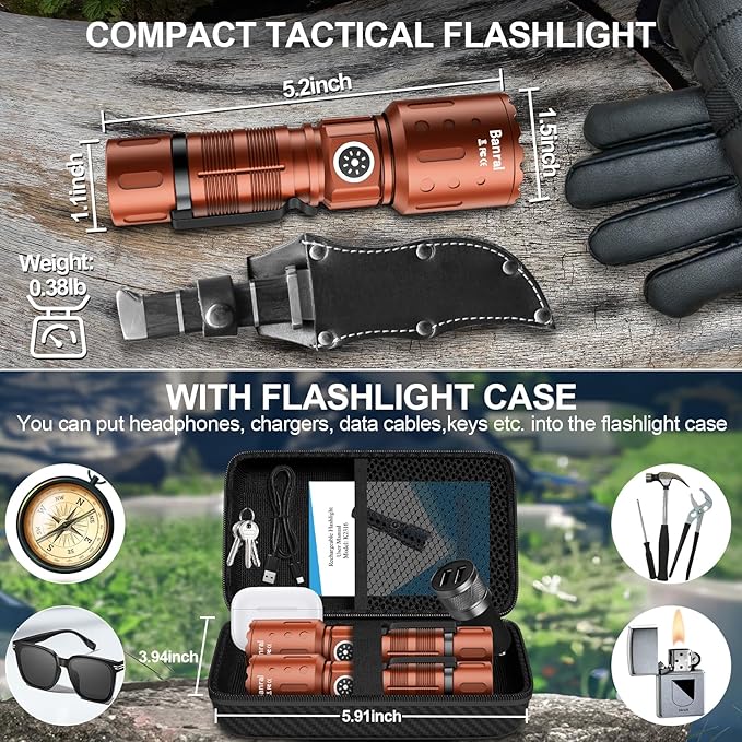 Flashlights High Lumens Rechargeable, 20,000 Lumens Super Bright 1500 Meters Long Range Small Powerful Flashlight, 6 Modes LED Tactical Pocket Waterproof Flash Light for Home Emergency (2, Brown)
