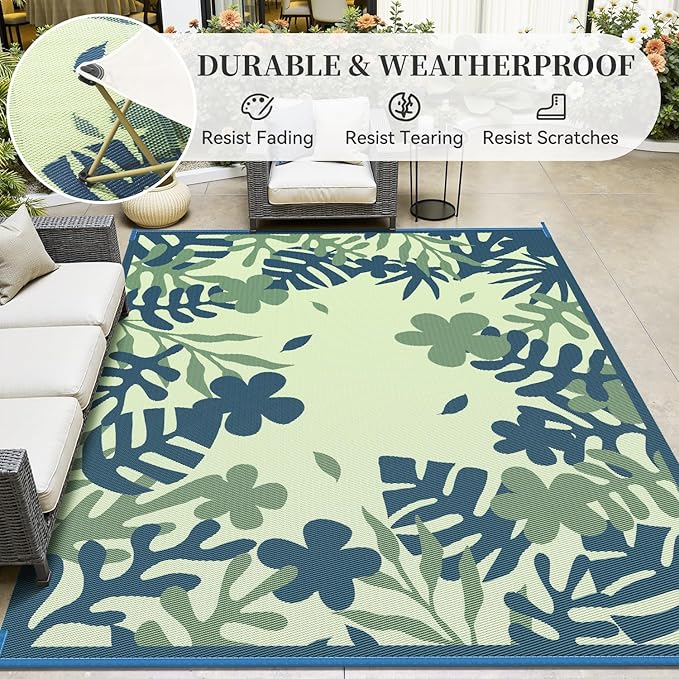 MontVoo Outdoor Rug Waterproof 6x9 ft RV Outdoor Rug for Camping Picnic Mat Outdoor Patio Rug Carpet Plastic Straw Reversible Floral Teal Blue Green
