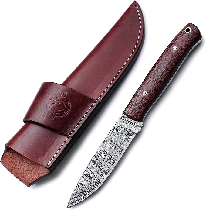 Handmade Damascus Steel Knife Bowie for Hunting,Survival,Camping,Bushcraft and Fishing, Fixed Blade with Drop Point Full Tang Micarta Handle, Leather Sheath - WKD-788