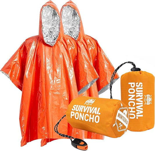 Emergency Survival Poncho. 2 Thermal Mylar Space Blanket Rain Ponchos. Camping Accessories, Outdoor Survival Gear.