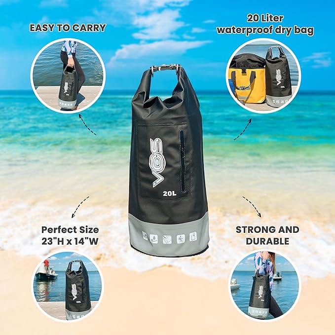 VOS Waterproof Premium Dry Bag – 20L | All-purpose Bag Lightweight Dry Storage Bag Backpack for Travel, Swimming, Boating, Kayaking, Camping, Beach (Black/Grey)