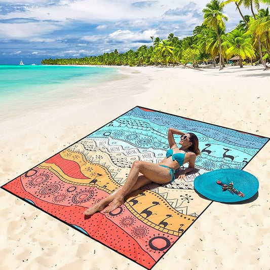 Beach Blanket Waterproof Sandproof Beach Mat 79" X 83" /10'x9' for 2-8 Adults Quick Drying Outdoor Picnic Mat Beach Accessories for Travel, Camping, Hiking