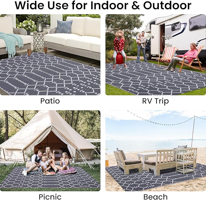 Smiry Outdoor Rug 5x8 ft, Waterproof Reversible Plastic Straw Rugs, Boho Outdoor Area Rug, Outside Floor Mat for Patio, Backyard, Deck, Picnic, Beach, Camping, Grey