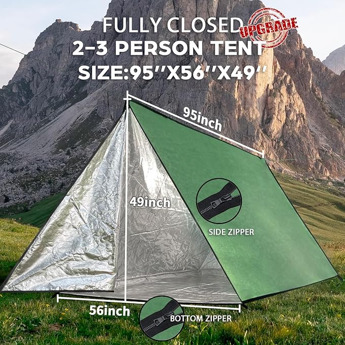 LYN Extra Large Zipper Reusable Survival Emergency Shelter Tent,Thermal Waterproof Fireproof Lightweight Bugout, with ParacordâStake for Camping,First Aid,Hiking&Bushcraft