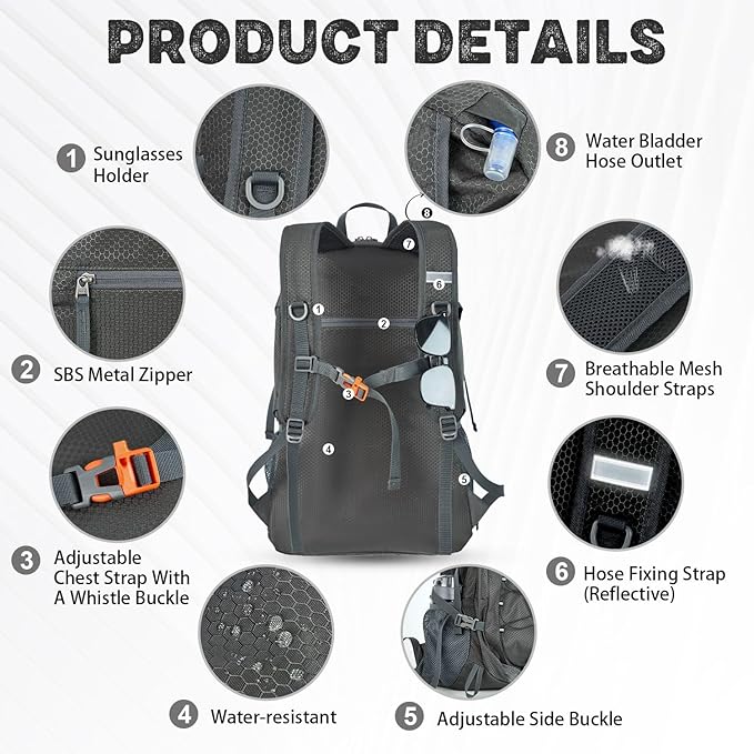 40L Lightweight Hiking Backpack Travel Packable Daypack for Women and Men, Grey