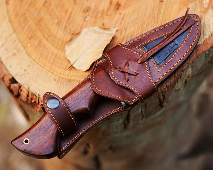 10″ Handmade Damascus Hunting Knife with Leather Sheath - Predator Hunter Damascus Steel Knife Ideal for Skinning, Camping and Outdoor - EDC Fixed Blade Bushcraft Knife Full Tang