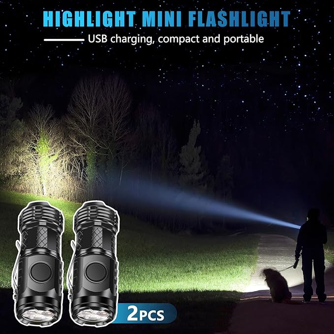 2 Pcs Mini Flashlight Rechargeable, Pocket Flashlight Super Bright 5 Modes, Powerful Mini Flashlight Portable Small LED Flashlight for Camping Outdoor