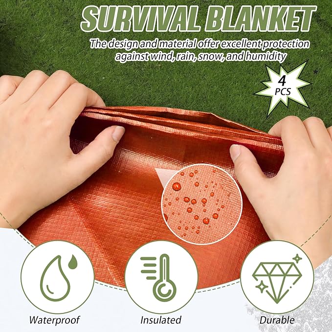 Kanayu 4 Pcs Emergency Blankets Thermal Survival Blankets 82 x 60 Inch, Heavy Duty Emergency Poncho Tarp Reusable Waterproof Emergency Blanket for Car, Camping, Hiking(Olive Green, Orange)