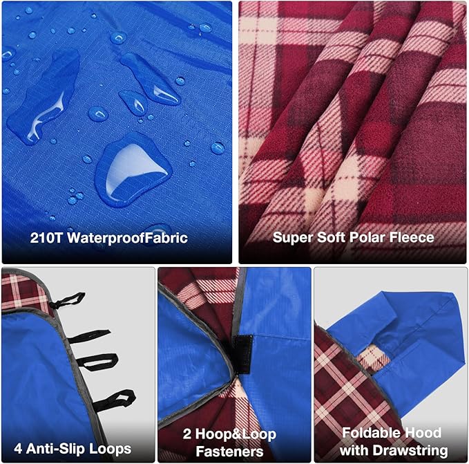 DUKUSEEK Waterproof Stadium Blanket with Hood, Wine Red Plain Waterproof Outdoor Blankets, Large 79"x 59"