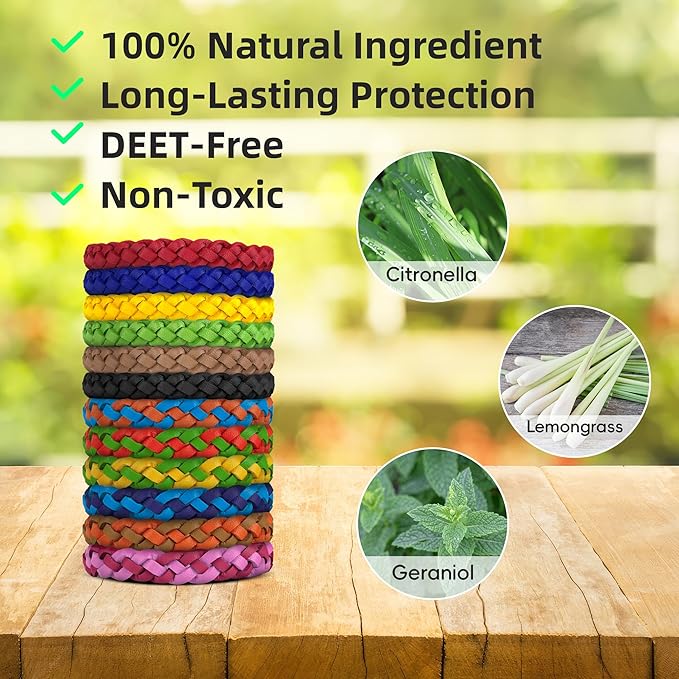24 Pack Mosquito Repellent Bracelets, DEET-Free, Individually Wrapped PU Leather Insect & Bug Repellent Wrist Bands