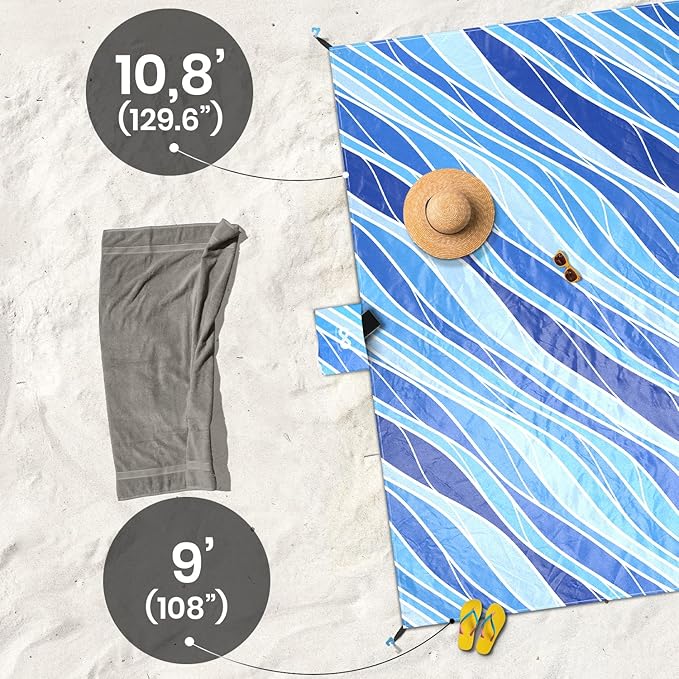 Everlasting Comfort Beach Blanket Waterproof Sandproof - Large Oversized Beach Mat for 10 People w/Stakes, Storage Bag - Beach Accessories for Family, Picnic, Concert, Travel