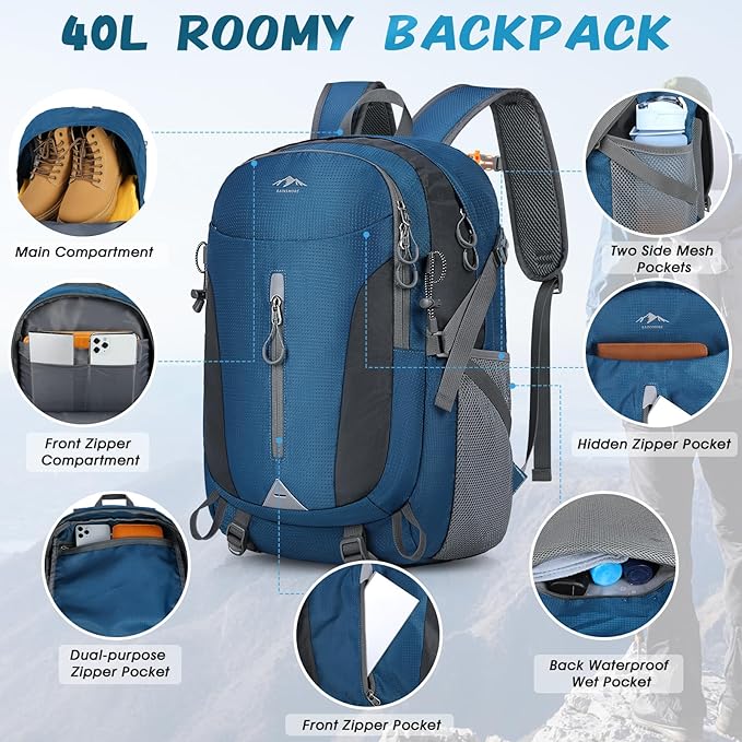 RAINSMORE Hiking Backpack 40L Lightweight Packable Camping Backpack Waterproof Travel Daypack Men Women Hiking Daypack