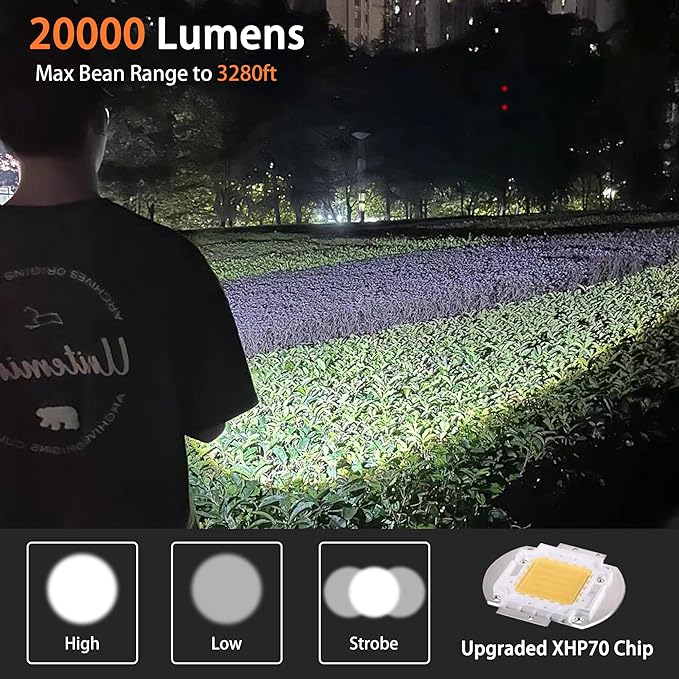 Rechargeable LED Flashlights High Lumens,20000 Lumen Powerful Tactical Flashlight with Zoomable,3 Modes,XHP70 Super Bright Waterproof Flashlights for Emergencies,Camping,Hiking