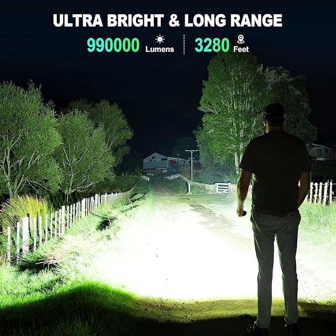 Rechargeable Flashlights High Lumens, 990,000 Lumens Brightest Flashlight, 5 Modes Super Bright Led Flashlight, 12H Running time, Handheld Flashlights for Home/Camping, Flash Light IPX6 Waterproof