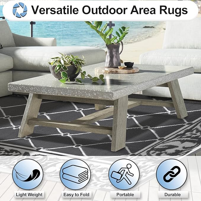 OutdoorLines Indoor Outdoor Rugs for Patio 9x12 ft - Reversible Outside Carpet, Stain & UV Resistant Portable RV Mats, Plastic Straw Rug for Camping, Pool Deck, Porch Rhombus Gray & White
