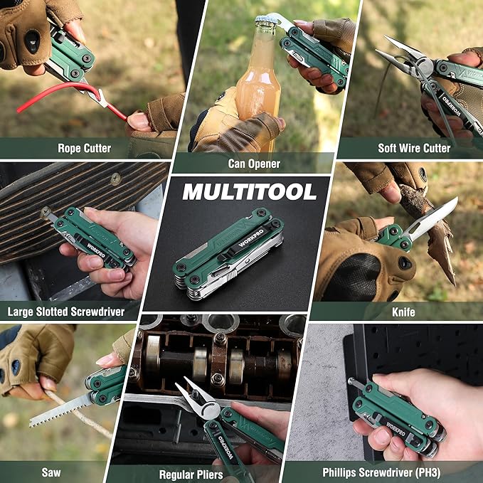 WORKPRO 18-in-1 Multi Tool Pliers, Stainless Steel EDC Multitool with Pocket Knife, 2 Safety Locks, Belt Clip and Oxford Pouch, Multipurpose Utility Multiuse Tool for Camping Outdoor Activities