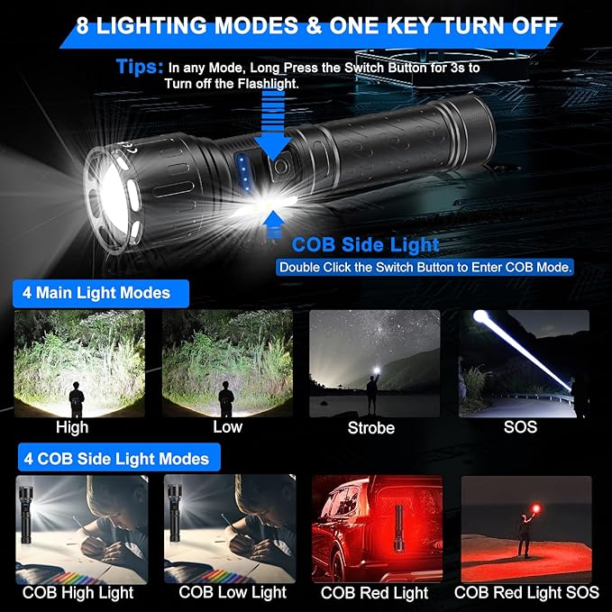 Rechargeable Magnetic Flashlights 100,000 High Lumens, Super Bright LED Powerful Flashlight 8 Modes with COB Work Light, Waterproof Handheld Flash Light for Camping (1 Pack with Paper Box, Black)