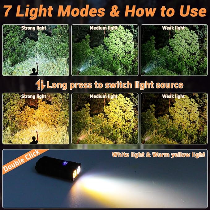 LED Small Powerful EDC Flashlight with 365nm UV Light,13 Mode,USB C Rechargeable 1000 LM Mini Pocket Keychain Flash Light with Clip,IP67,Magnetic,Lanyard,Buzzer,Arc Lighter for Camping Hiking Gear