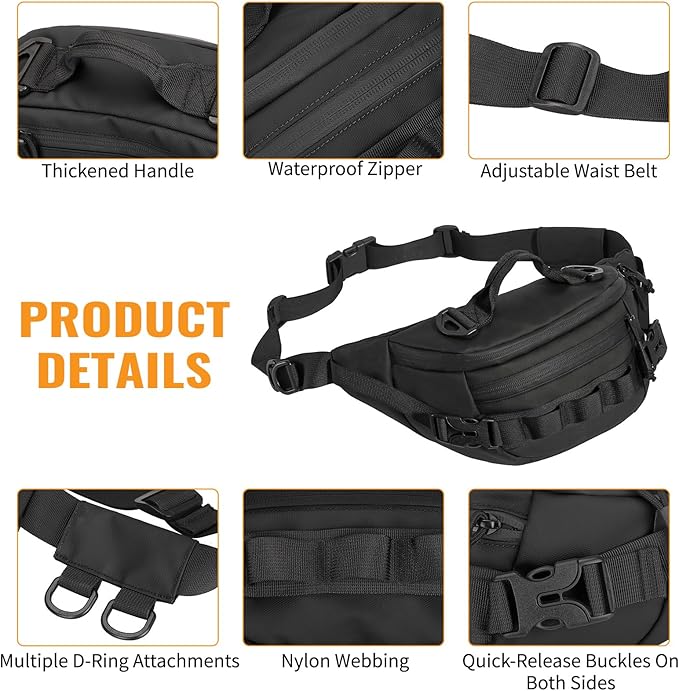 CamGo Tactical Fanny Pack for Men Women Military Waist Bag Molle Utility Hip Belt Pouch Crossbody Bags Bumbag for Cycling Hiking Walking Fishing Black