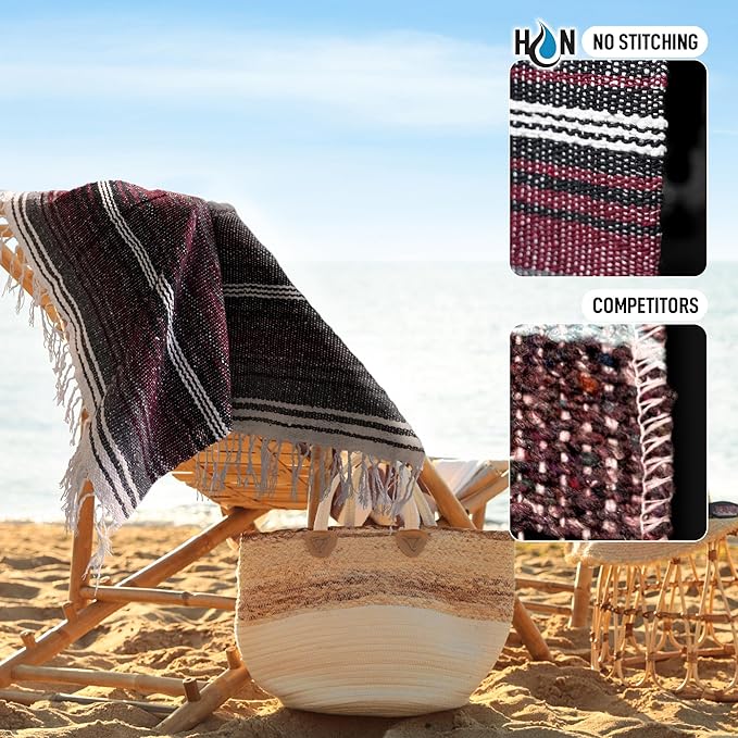 Authentic Large Handwoven Mexican Blanket - Soft Yoga Blanket - Durable Serape Blanket - Lightweight Falsa Blanket, Beach Blanket, Camping Blanket, Picnic Blanket, Outdoor Blanket 70"x50" - Cherry