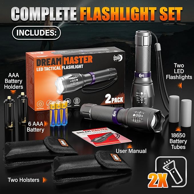 2 Pack LED Flashlights High Lumens with 6 AAA Batteries, 5 Modes Mini Waterproof Tactical Flashlight for Camping Hiking, Bright Flashlight with Zoomable, Fathers Day Dad Gifts for Him, Grey & Purple