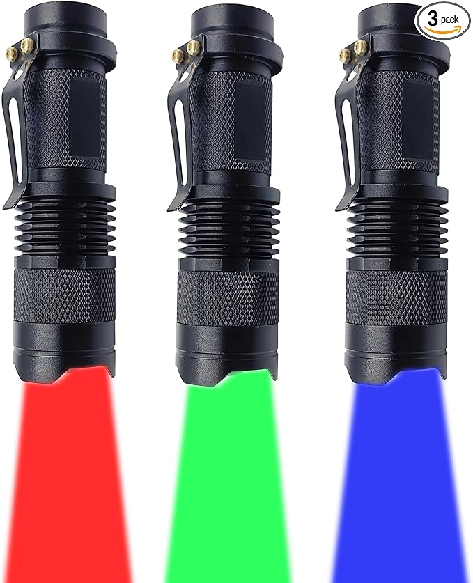 Single Mode LED Flashlight, Red Green Blue Flashlight - Mini Light Portable Zoomable Flashlight for Fishing Camping Hunting Emergency, 3 Pack