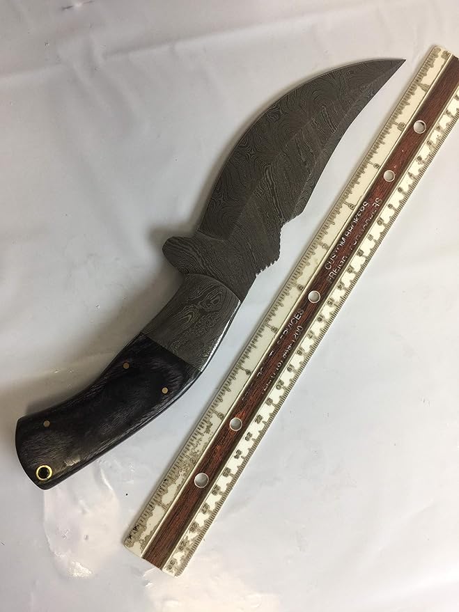 11.5" Long Hand Forged Damascus Steel Trailing Point Full Tang Blade Skinning Knife, 2 Tone Black Dollar Wood Scale with Damascus Bolster, Cow Hide Leather Sheath Included