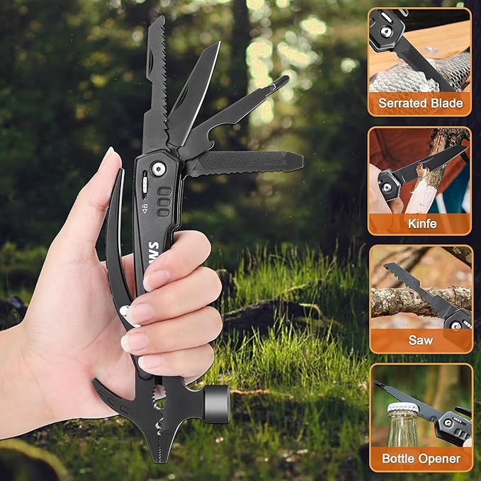 12-in-1 Multi-Tool Hammer Cool Gadgets Presents for Father Husband Grandpa Boyfriend Unique Gifts for Men & Women Multi tool Knife, Pliers, Safety Lock, Nylon Sheath Camping Essentials Mens Gift