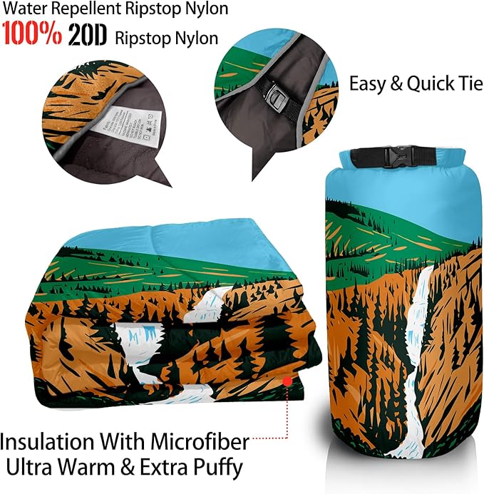 Outdoor Puffy Camping Blanket, Lightweight Down Alternative Puffy Printed Camping Large Ultra Warm Hammock Top Quilt Waterproof Blanket for Traveling Picnic Beach Party Cold Weather (Waterfall)