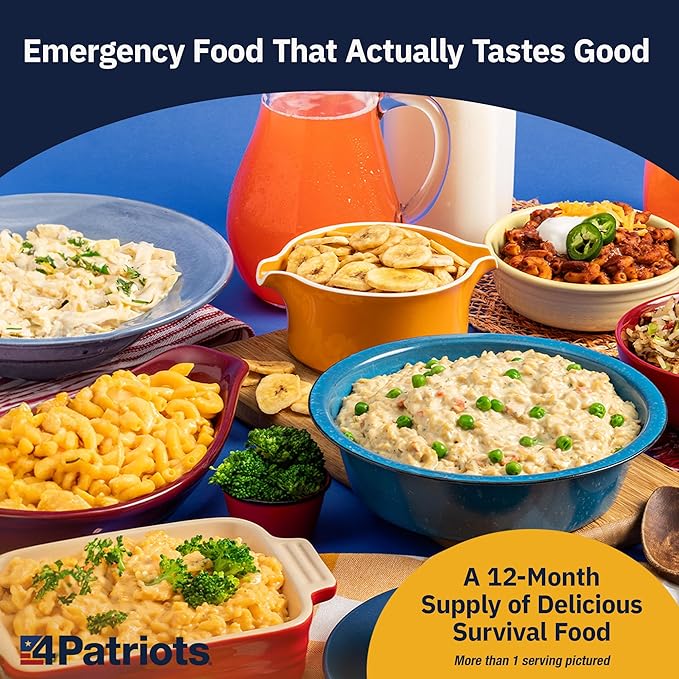 4Patriots: 1-Year Survival Food Kit - Emergency Food Supply, Freeze Dried Food, Designed to Last 25 Years, 2,848 Servings, 540,160 Total Calories, Disaster-Resistant Packaging