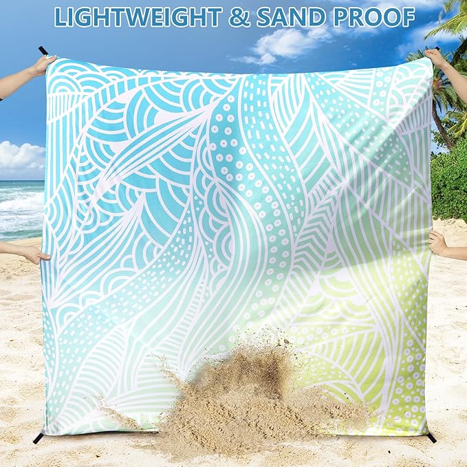 Beach Blanket Waterproof Sandproof Beach Mat 79βx 83β for 1-4 Adults Quick Drying Durable Outdoor Picnic Mat for Beach Festival Travel Camping Hiking (Gradiant BL&GN-Ripple, 79"Γ83"(4 Person))