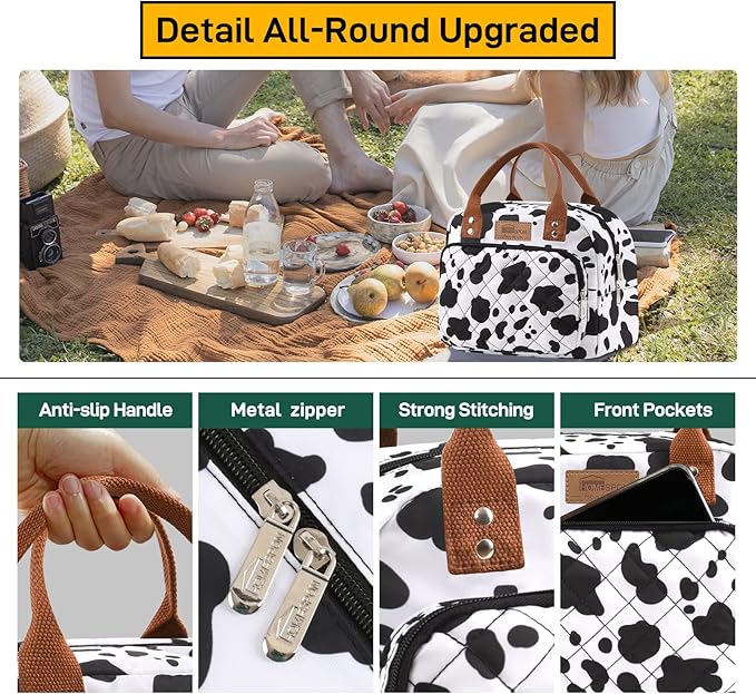 Buringer HOMESPON Lunch Bag for Woman Man Adults with Front Pocket Insulated Lunch Tote Lunch Box Container for Work Picnic or Travel(Cow)