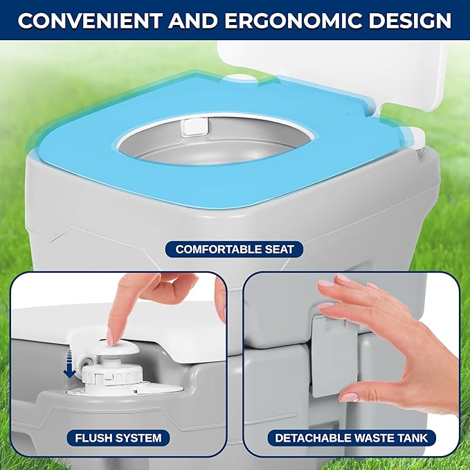 SereneLife 20L Portable Toilet for Adults, Leak Proof Camping Toilet with Detachable Waste Tank, Ideal For Camping and Other Recreational Activities, Durable and Comfortable Toilet Seat, 120 Flushes