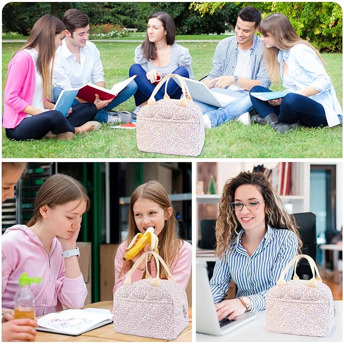Cotton Quilted Insulated Lunch Bag, Cute Quilted Floral Lunch Tote Bags Reusable Insulated Lunch Box Coquette Aesthetic Large Capacity Insulated Cooler for Women Men Work Travel Picnic (Pink)